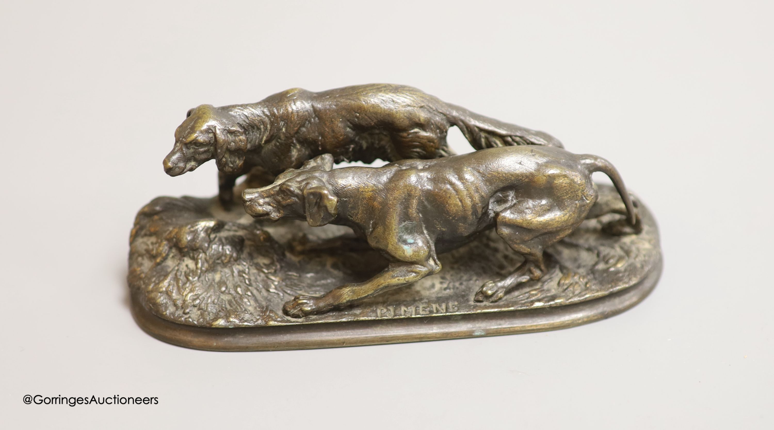 After P. J. Mene, a small bronze model of two gun dogs, Width 13.25cm